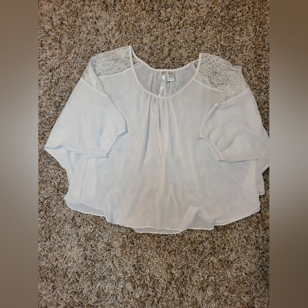 -Lauren Conrad sheer mesh blouse-wide armed, 3/4 sleeved-lace shoulders-size